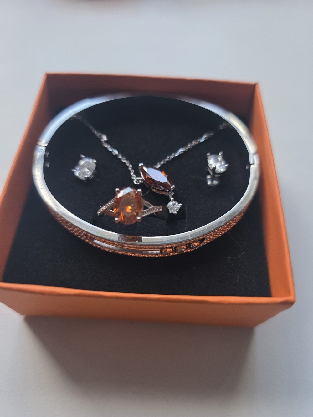 Mother's Day Sale- Silver Orange Gemstone Necklace, Ring &Earrings.2CTMoissanite